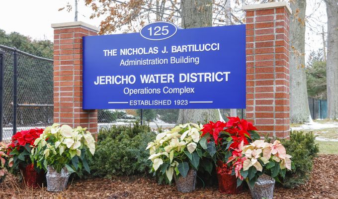 The sign at Convent Road, Syosset, Jericho Water District entrance to the Nicholas J. Bartilucci Administration Building.