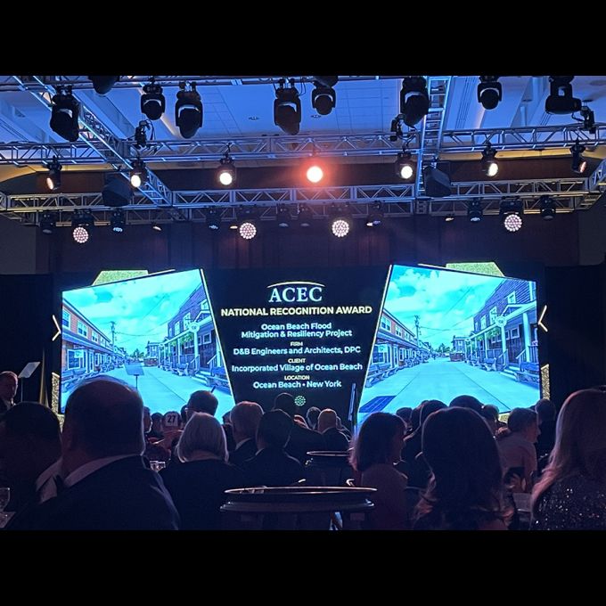 D&B Engineers and Architects and Inc. Village of Ocean Beach are honored for “Ocean Beach Flood Mitigation and Resiliency” project at ACEC National EEA Gala.